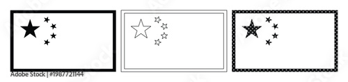China flag vector icons, black and white Chinese national flag set, minimalist line art symbols