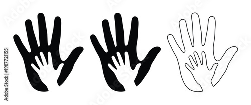 Minimalist hand in hand icons, adult and child palm silhouettes, family care vector set