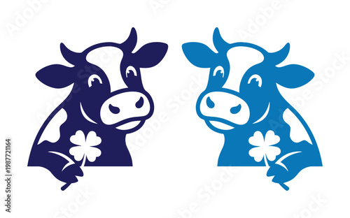 Smiling cow head vector icons, happy dairy cattle with clover leaf, blue farm animal logo set