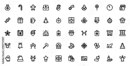 Christmas icon set. Festive vector illustrations pack. Outline style icons including Santa, gifts, tree, snowman, candy cane, star and more. Holiday symbols collection.