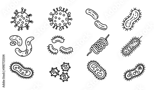 Microbe and virus icons collection with bacteria bacillus germ shapes vector design