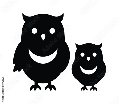 Minimalist owl silhouette icons, black bird vector graphics, wise nocturnal animal family set
