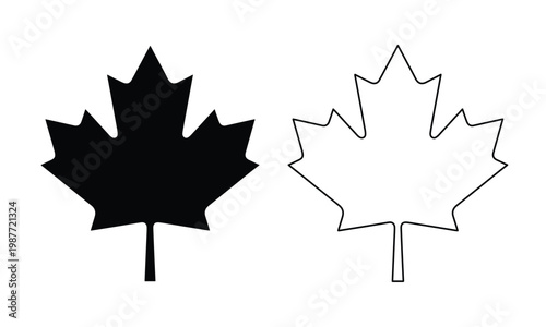 Maple leaf vector icons set, black silhouette and thin line outline maple leaf symbols, Canadian national emblem graphics for logo design and branding
