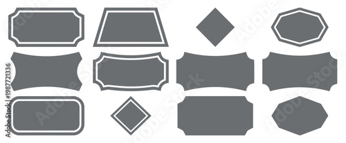 Vintage frame set with 12 grey label vectors, decorative blank border collection for product packaging, classic geometric badge shapes for branding