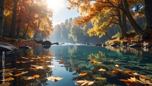 A serene river mirrors fall foliage under a sunny sky, leaves afloat in the clear water, creating a tranquil landscape