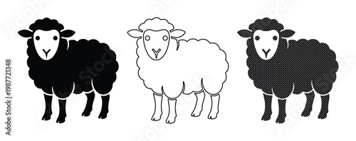 Minimalist sheep vector icons, black and white lamb silhouettes, farm animal line art set