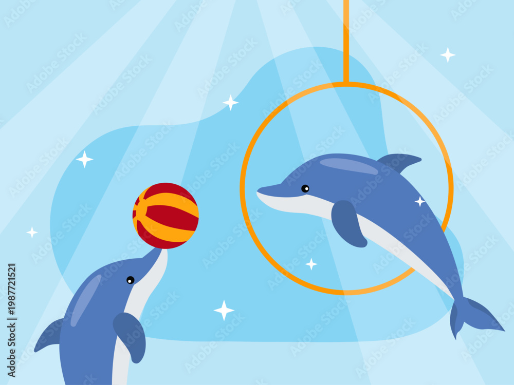 Obraz premium A dolphins performing tricks, with one jumping through a yellow hoop and another balancing a striped ball on its nose. Circus illustrations. Flat vector concepts.