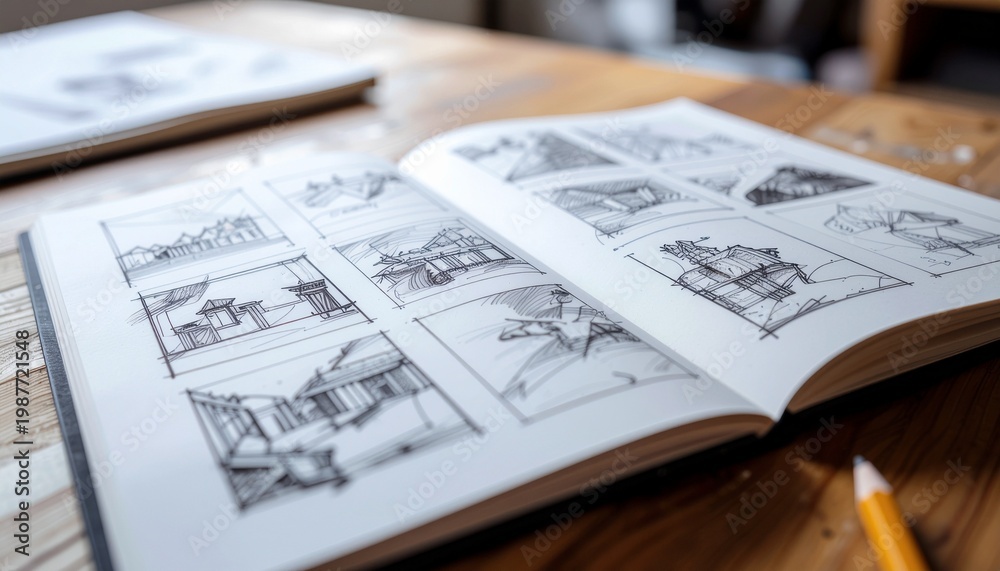 Obraz premium Storyboard Architectural Sketches in Notebook on Wooden Table