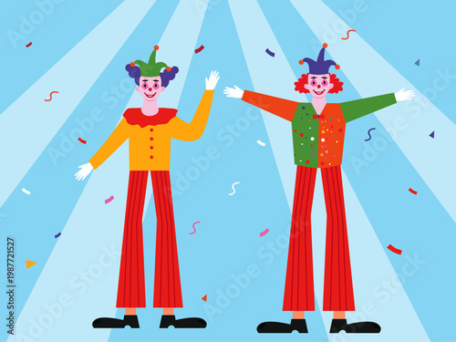 Two characters dressed as clowns are participating in a celebration or circus with confetti showering them. Circus illustrations. Flat vector concepts.