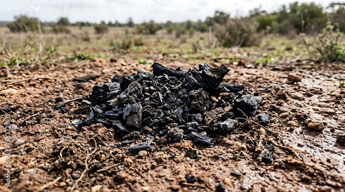 Burnt charcoal remains scattered on dry arid ground outdoors