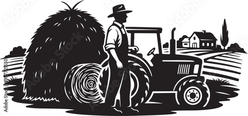 Farm tractor, hay bale, rural landscape, black and white vector illustration, agricultural scene