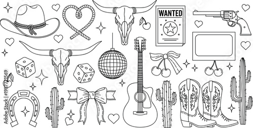 Western cowboy doodle set featuring boots hat guitar longhorn skull cactus and disco ball for country