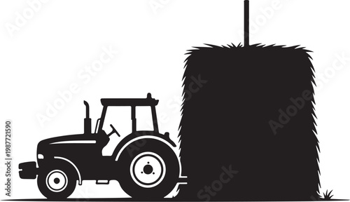 Tractor, hay bale, farming icon, silhouette, black, vector graphics