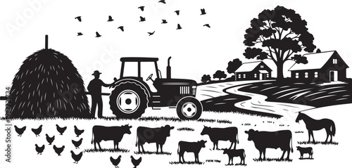 Farm, rural landscape, tractor, animals, vector illustration, black and white, farmhouse, countryside, agriculture