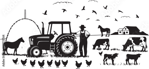 Farm, tractor, farmer, animals, rural landscape, black silhouette, vector illustration, agricultural scene