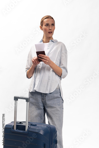 фотографія Young woman traveler with suitcase holds passport and phone looks surprised