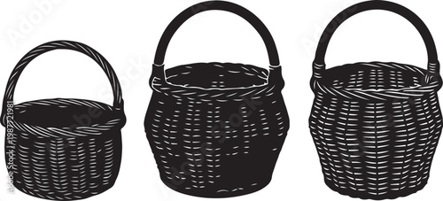 Black wicker baskets, woven handle baskets, set of 3, dark brown wickerware, home decor accents