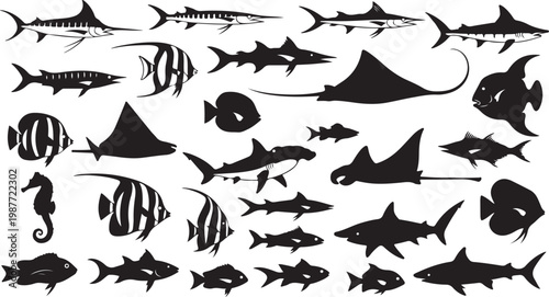 Black marine life icons, fish silhouettes, ocean creatures, 40 sea animal graphics