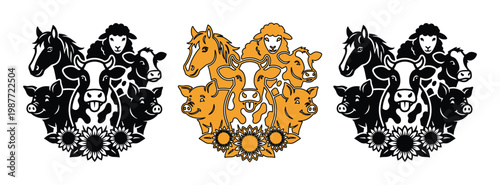 Farm animal head icons, livestock group with cow horse pig and sheep, agricultural vector set