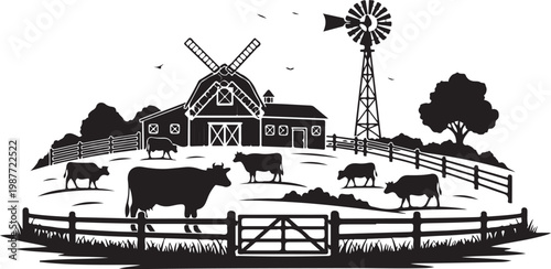 Farm landscape, rural scenery, black and white vector, cow pasture, farmhouse, windmill