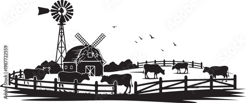 Rural farm landscape, black silhouette, windmill, barn, cows, fence, countryside scene, vector illustration