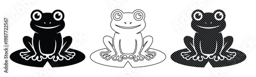 Minimalist frog icons on lily pads, set of 3 black and white toad vectors, cute animal silhouettes
