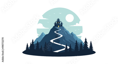 Asian Pagoda Temple on Mountain Peak with Winding Path Illustration