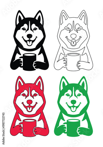 Husky dog mascot holding coffee mug, 4 cute husky vector icons, sled dog pet logo set