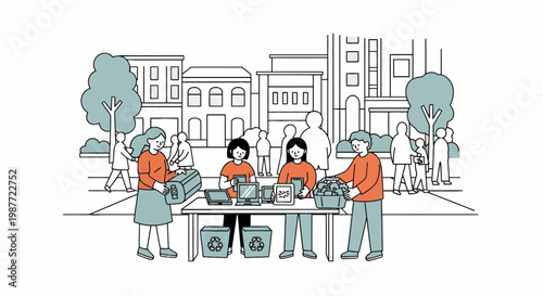 People recycling electronic waste at city community event illustration