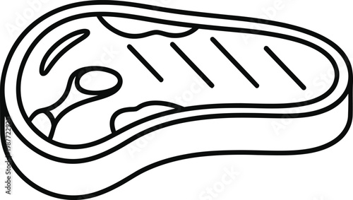 A simple black and white line art illustration featuring a thick raw cut of beef steak protein.