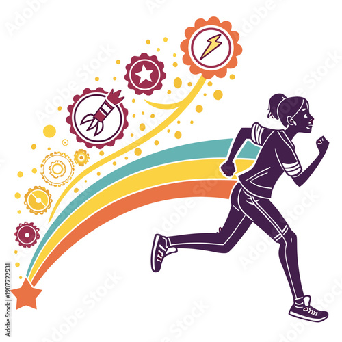 Girl athlete running with colorful abstract shapes.