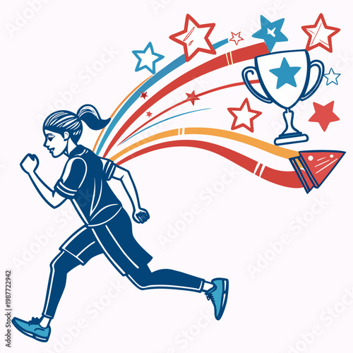 Female athlete running towards trophy and stars.