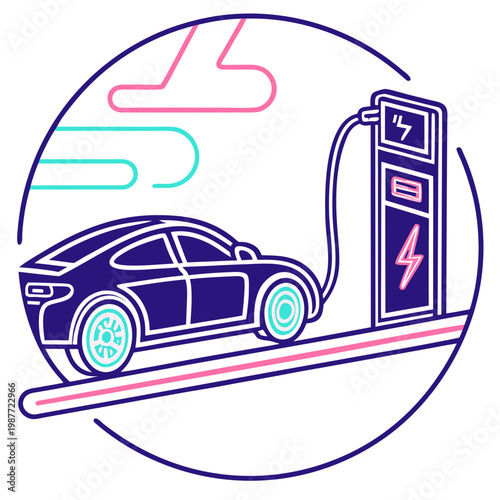 Electric vehicle charging on road line art illustration.