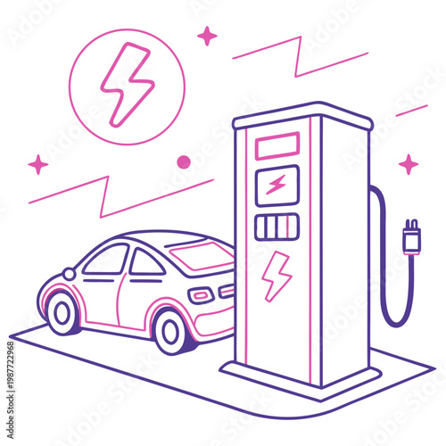 Electric car charging at charging station illustration.
