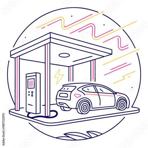 Electric car charging at modern gas station illustration.