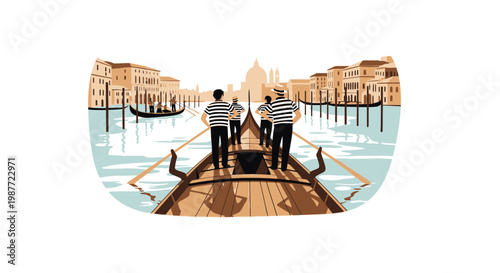 Vintage Style Illustration of Gondoliers Navigating Venice Canal