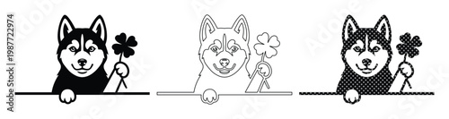 Siberian Husky dog holding four leaf clover, lucky puppy peeking set, 3 black and white vectors