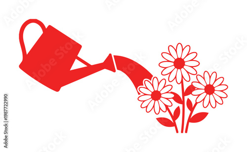 Red watering can icon, gardening flowers vector illustration, spring plant care graphic
