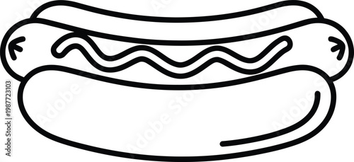 A simple black and white line drawing of a classic hot dog served in a soft toasted bread bun.