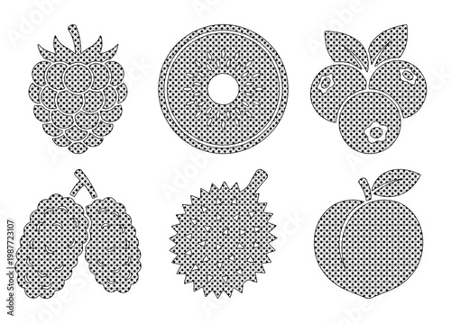 Halftone fruit icon set, black and white stipple effect berry and tropical fruit vectors, 6 textured food illustrations for vintage print design