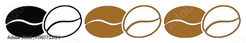 Minimalist coffee bean icons, brown and black roasted bean vectors, simple cafe logo elements
