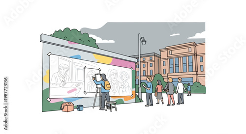 Street Artist Painting Portraits for a Crowd in City Illustration