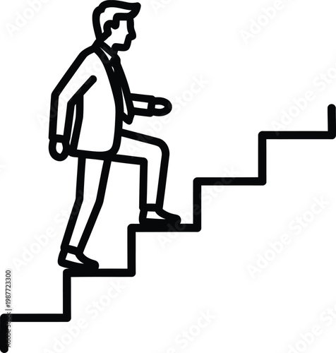 A black and white line art illustration of a professional businessman climbing up the stairs