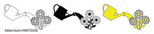 Watering can and flowers vector icons, garden watering pot set, floral care illustration