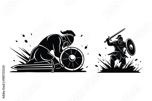 Gladiator fighting and falling vector illustration with flesh and blood