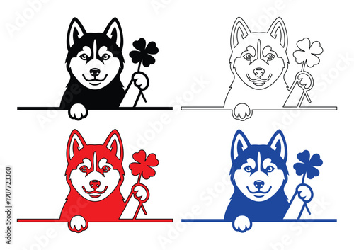 Siberian Husky dog holding four leaf clover, lucky pet mascot vector, St. Patrick's Day dog set
