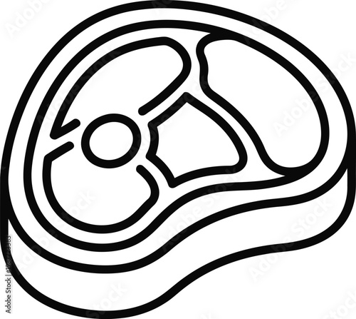 A simple black and white line art vector icon representing a raw piece of beef steak for cooking