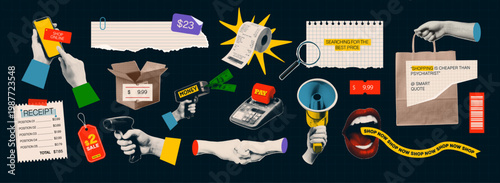 Trendy shopping halftone collage elements set in retro pop art style. Collection includes hands holding smartphone, megaphone, receipt, shopping bag, price tags. Shopping and buying concept.