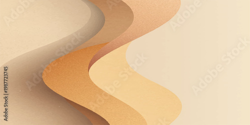 A golden vector illustration of a curved sand path with footprints on the beach featuring 3d texture and wave patterns for a nature style backdrop