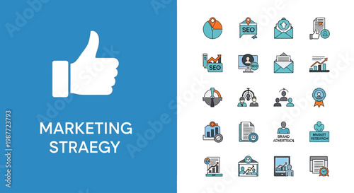 Icon Set for UI UX Web and App Design Vector, Marketing strategy with digital marketing icons set and thumbs up.